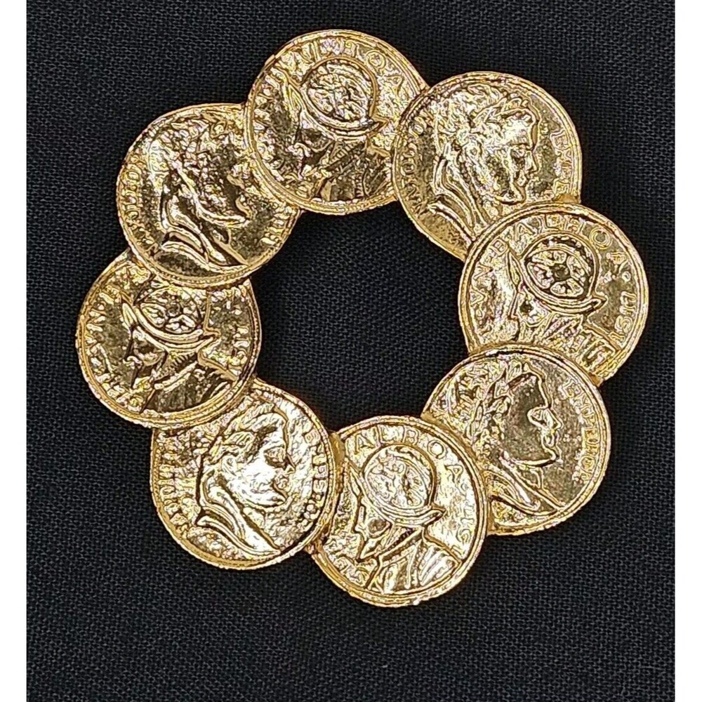 Vintage Napoleon Coin Pin Brooch Gold Tone, Circle 1980s, Balboa, Emporer